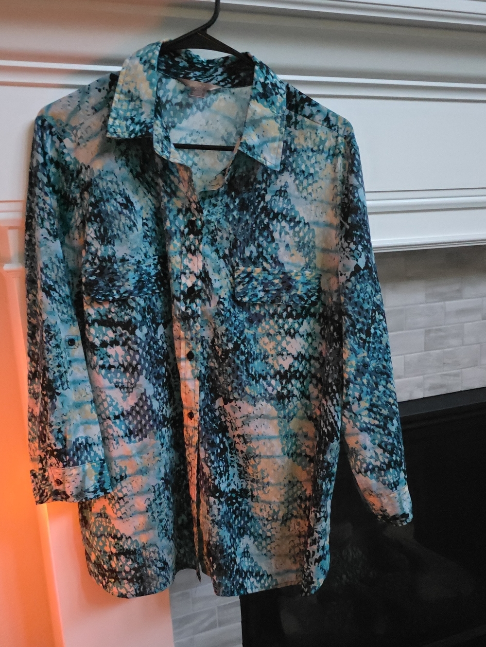 Womens Blue Teal Printed Button-Up Blouse